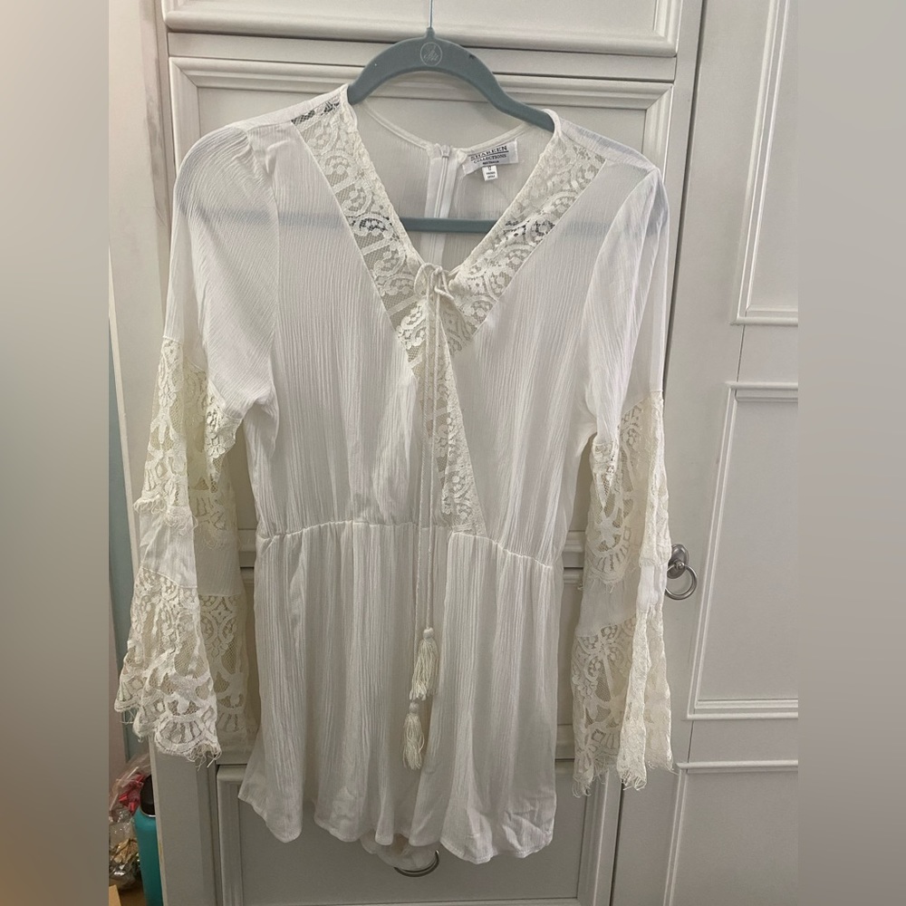Shareen Collections NWT Size 8 Romper White Long Bell Laced Sleeve  Zipper Back